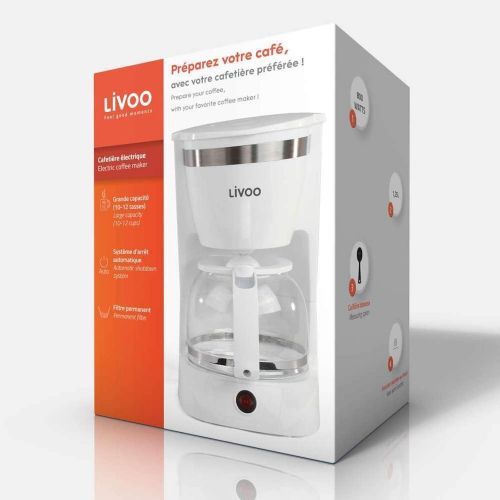  LIVOO Kaffeemaschine Weiss mit Glaskanne fuer 12 Tassen Warmhaltefunktion (Kaffeeautomat, Kaffeeloeffel, Automatische Abschaltung, Wasserstandsanzeige)