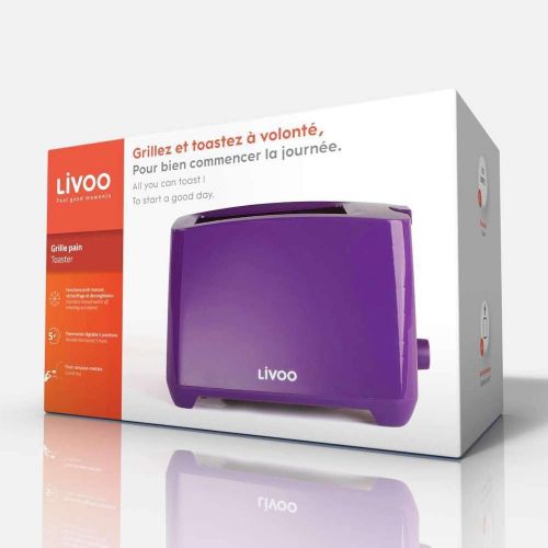 LIVOO Toaster Lila mit Kruemelschublade Regelbarer Thermostat (Manuelle Abschaltung, 750 Watt, 2 Toastschlitze)