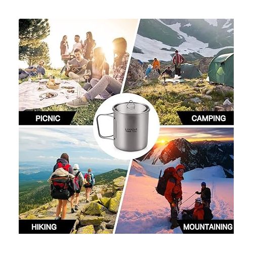  LIXADA Titanium Pot, Lightweight Camping Pot Titanium Cup Titanium Backpacking Pot with Portable Foldable Handles for Outdoor Camping Hiking Backpacking