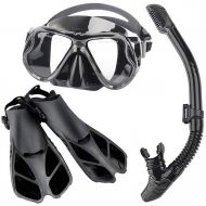 LLF Snorkel Set, Full-Dry Top Snorkel, Tempered Glass Snorkeling Mask, Adjustable Diving Fins/Flippers for Scuba Swimming (Color : Black, Size : L/XL)