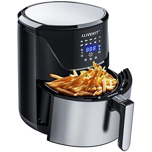  LLIVEKIT Hot Air Fryer XXL with 5 Litres in Silver, Hot Air Fryer Air Fryer with Digital LED Touch Screen, 10 Programmes, Timer and Keep Warm, Fryer with Recipe Book, No Oil, 1400