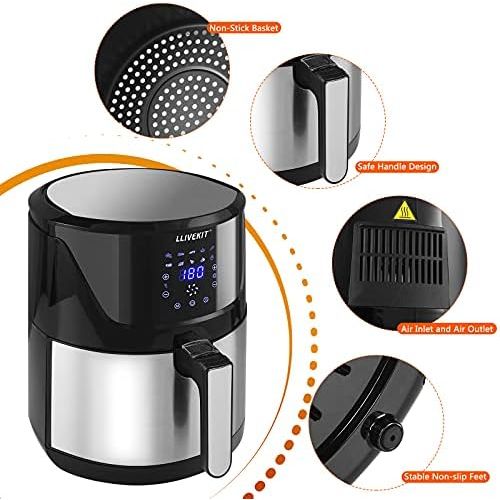  LLIVEKIT Hot Air Fryer XXL with 5 Litres in Silver, Hot Air Fryer Air Fryer with Digital LED Touch Screen, 10 Programmes, Timer and Keep Warm, Fryer with Recipe Book, No Oil, 1400