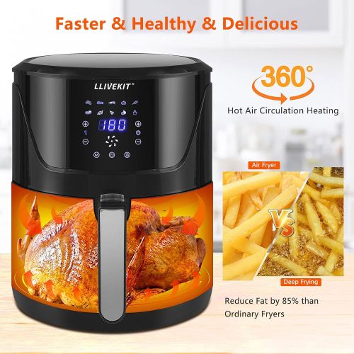  LLIVEKIT Hot Air Fryer XXL with 5 Litres in Silver, Hot Air Fryer Air Fryer with Digital LED Touch Screen, 10 Programmes, Timer and Keep Warm, Fryer with Recipe Book, No Oil, 1400