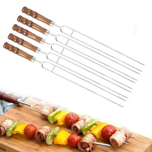  LLP U Type BBQ Roasting Sticks Set 5 Piece Wooden Handle Stainless Steel Grilled Forks Outdoor Roasting Needle Picnic Barbecue Meat Fork