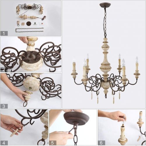  LNC 6-Light French Country Shabby Chic Wood Chandeliers, A03371