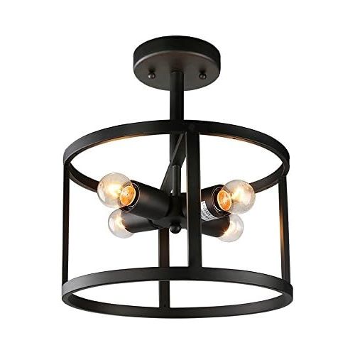  LNC A02969 Industrial 4 Semi-Flush Mount Drum Lights Ceiling Pendant Fixtures, Black