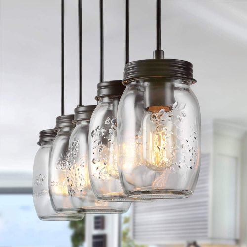  LNC A02983 Adjustable Mason Jar Kitchen Island Lighting Multi-Pendant Chandelier Wood Canopy, Brown