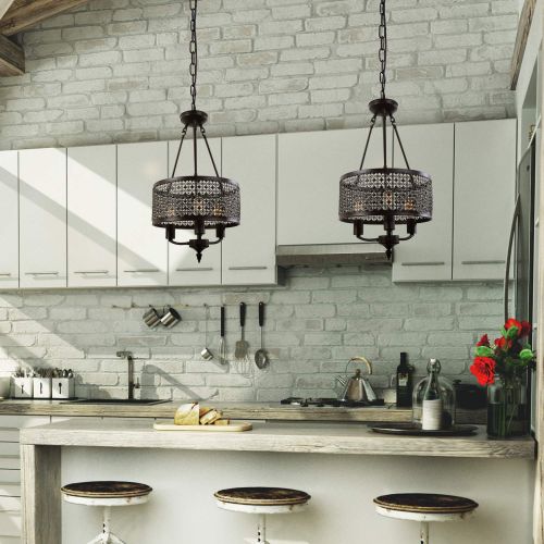  LNC Mini Chandelier， Farmhouse Hanging Lamp，Drum Shades Kitchen Island Lighting A03211, Brown