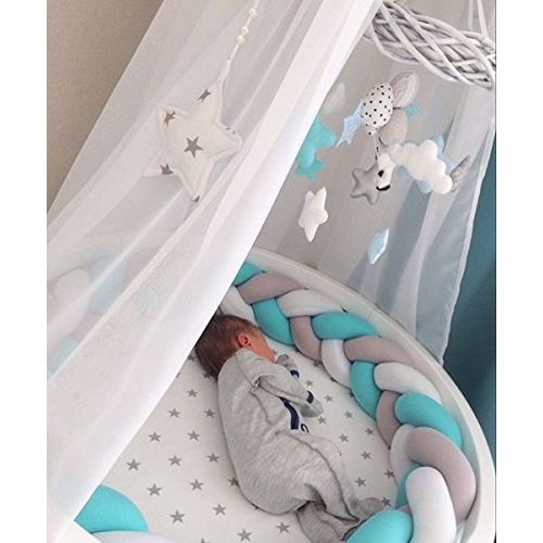  LOAOL Baby Crib Bumper Knotted Braided Plush Nursery Cradle Decor Newborn Gift Pillow Cushion Junior Bed Sleep Bumper (2 Meters, White-Gray-Green)