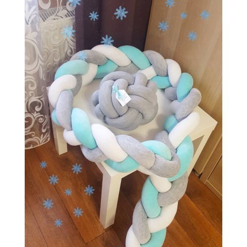  LOAOL Baby Crib Bumper Knotted Braided Plush Nursery Cradle Decor Newborn Gift Pillow Cushion Junior Bed Sleep Bumper (2 Meters, White-Gray-Green)