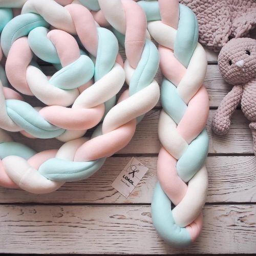  LOAOL Baby Crib Bumper Knotted Braided Plush Nursery Cradle Decor Newborn Gift Pillow Cushion Junior Bed Sleep Bumper (2 Meters, White-Coral-Green)