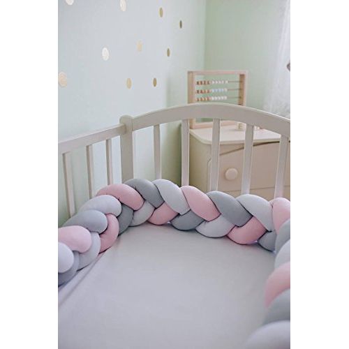 LOAOL Baby Crib Bumper Knotted Braided Plush Nursery Cradle Decor Newborn Gift Pillow Cushion Junior Bed Sleep Bumper (3 Meters, White-Gray-Rose)