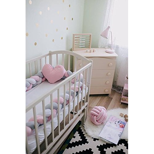  LOAOL Baby Crib Bumper Knotted Braided Plush Nursery Cradle Decor Newborn Gift Pillow Cushion Junior Bed Sleep Bumper (3 Meters, White-Gray-Rose)