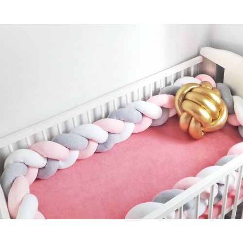  LOAOL Baby Crib Bumper Knotted Braided Plush Nursery Cradle Decor Newborn Gift Pillow Cushion Junior Bed Sleep Bumper (3 Meters, White-Gray-Rose)