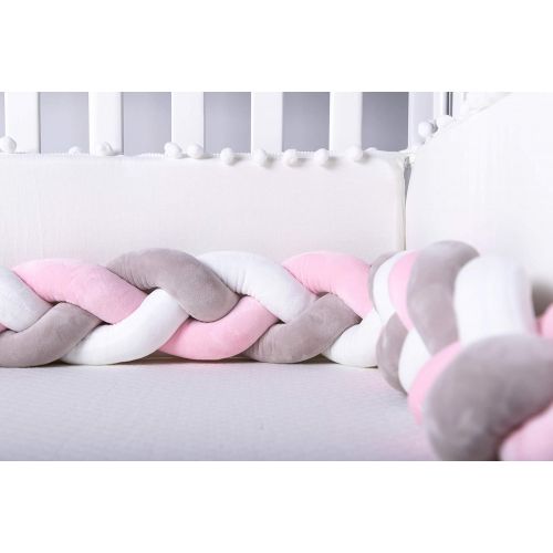  LOAOL Baby Crib Bumper Knotted Braided Plush Nursery Cradle Decor Newborn Gift Pillow Cushion Junior Bed Sleep Bumper (3 Meters, White-Gray-Rose)
