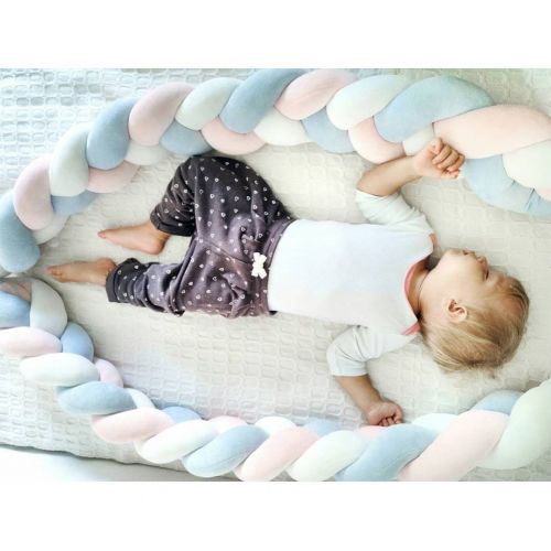  LOAOL Baby Crib Bumper Knotted Braided Plush Nursery Cradle Decor Newborn Gift Pillow Cushion Junior Bed Sleep Bumper (3 Meters, White-Rose-Blue)