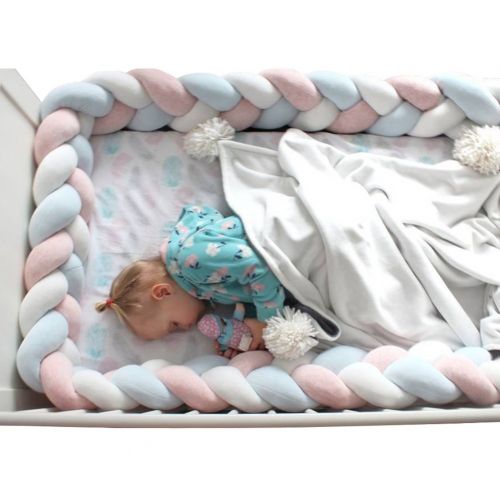  LOAOL Baby Crib Bumper Knotted Braided Plush Nursery Cradle Decor Newborn Gift Pillow Cushion Junior Bed Sleep Bumper (3 Meters, White-Rose-Blue)