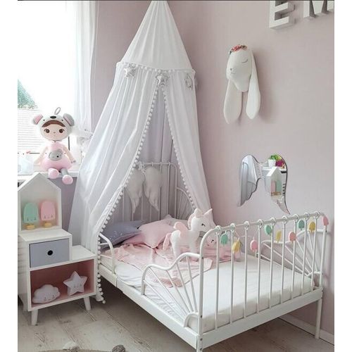  LOAOL Kids Bed Canopy with Pom Pom Hanging Mosquito Net for Baby Crib Nook Castle Game Tent Nursery Play Room Decor (Pink)