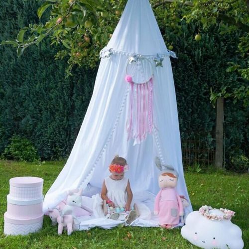  LOAOL Kids Bed Canopy with Pom Pom Hanging Mosquito Net for Baby Crib Nook Castle Game Tent Nursery Play Room Decor (Pink)