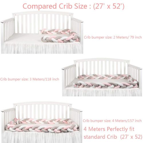  LOAOL Baby Crib Bumper Knotted Braided Plush Nursery Cradle Decor Newborn Gift Pillow Cushion Junior Bed Sleep Bumper (4 Meters, Pink-White-Pink)
