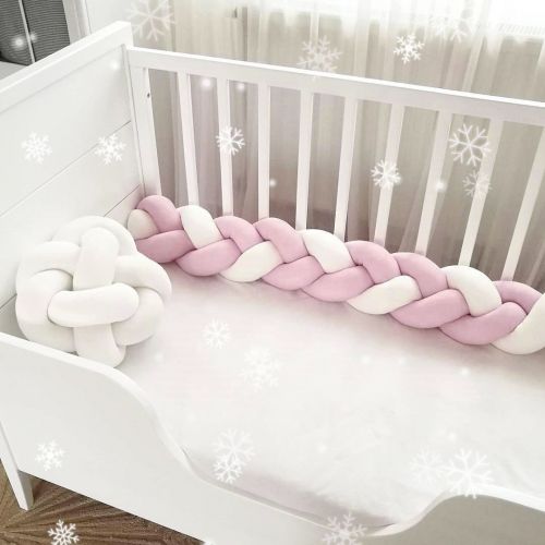  LOAOL Baby Crib Bumper Knotted Braided Plush Nursery Cradle Decor Newborn Gift Pillow Cushion Junior Bed Sleep Bumper (4 Meters, Pink-White-Pink)