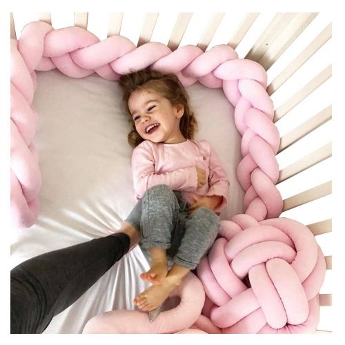  LOAOL Baby Crib Bumper Knotted Braided Plush Nursery Cradle Decor Newborn Gift Pillow Cushion Junior Bed Sleep Bumper (3 Meters, Pink)