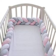 LOAOL Baby Crib Bumper Knotted Braided Plush Nursery Cradle Decor Newborn Gift Pillow Cushion Junior Bed Sleep Bumper (4 Meters, White-Gray-Rose)