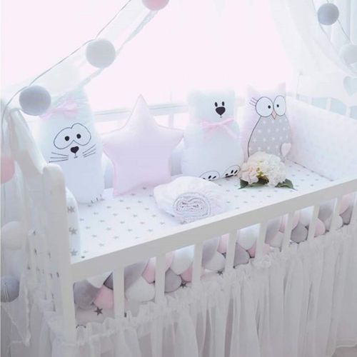  LOAOL Baby Crib Bumper Knotted Braided Plush Nursery Cradle Decor Newborn Gift Pillow Cushion Junior Bed Sleep Bumper (4 Meters, White-Gray-Rose)