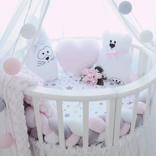  LOAOL Baby Crib Bumper Knotted Braided Plush Nursery Cradle Decor Newborn Gift Pillow Cushion Junior Bed Sleep Bumper (4 Meters, White-Gray-Rose)