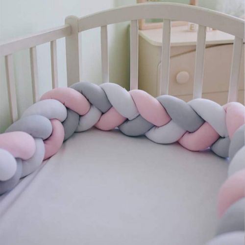  LOAOL Baby Crib Bumper Knotted Braided Plush Nursery Cradle Decor Newborn Gift Pillow Cushion Junior Bed Sleep Bumper (4 Meters, White-Gray-Rose)