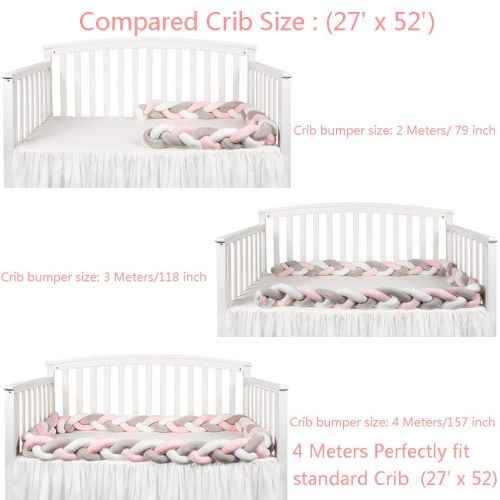  LOAOL Baby Crib Bumper Knotted Braided Plush Nursery Cradle Decor Newborn Gift Pillow Cushion Junior Bed Sleep Bumper (4 Meters, White-Gray-Rose)