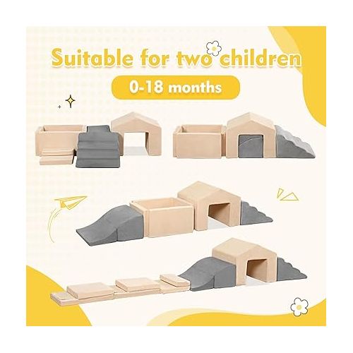  Foam Climbing Toys for Toddlers, 6PCS Climb and Crawl Activity Playset, 5 in 1 Soft Crawling Climbing Blocks Indoor, Toddler Play Climbing and Ball Pit with Slide Stairs and Ramp