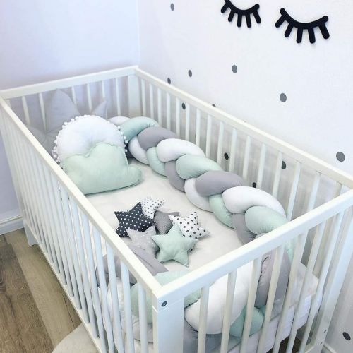  [아마존핫딜][아마존 핫딜] LOAOL Baby Crib Bumper Knotted Braided Plush Nursery Cradle Decor Newborn Gift Pillow Cushion Junior Bed Sleep Bumper (2 Meters, White-Gray-Green)