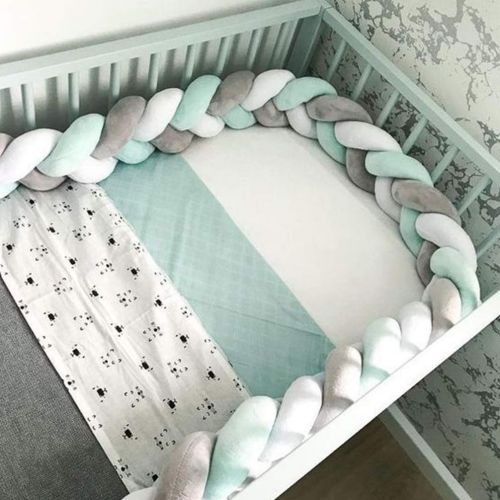  [아마존핫딜][아마존 핫딜] LOAOL Baby Crib Bumper Knotted Braided Plush Nursery Cradle Decor Newborn Gift Pillow Cushion Junior Bed Sleep Bumper (2 Meters, White-Gray-Green)