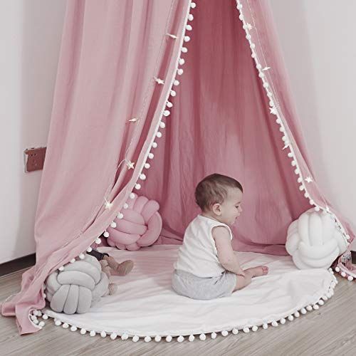  [아마존베스트]LOAOL Kids Bed Canopy with Pom Pom Hanging Mosquito Net for Baby Crib Nook Castle Game Tent...