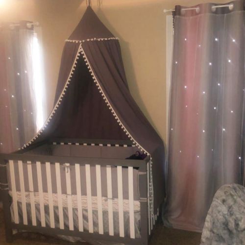  [아마존베스트]LOAOL Kids Bed Canopy with Pom Pom Hanging Mosquito Net for Baby Crib Nook Castle Game Tent Nursery Play Room Decor (Gray)