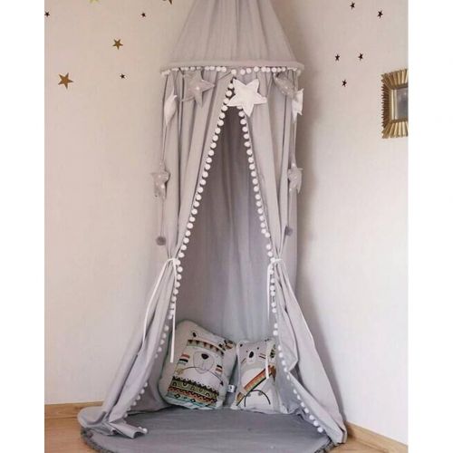  [아마존베스트]LOAOL Kids Bed Canopy with Pom Pom Hanging Mosquito Net for Baby Crib Nook Castle Game Tent Nursery Play Room Decor (Gray)