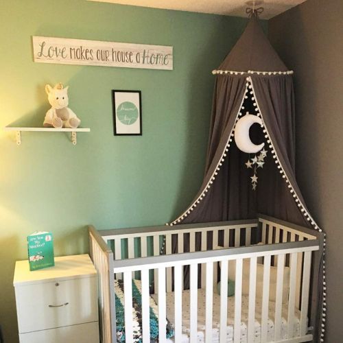  [아마존베스트]LOAOL Kids Bed Canopy with Pom Pom Hanging Mosquito Net for Baby Crib Nook Castle Game Tent Nursery Play Room Decor (Gray)