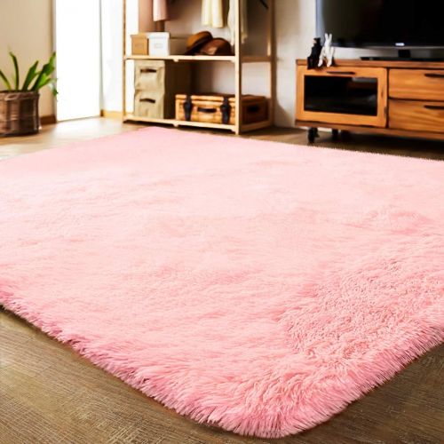  LOCHAS Soft Indoor Modern Area Rugs Fluffy Living Room Carpets Suitable for Children Bedroom Decor Nursery Rugs 4 Feet by 5.3 Feet (Pink)