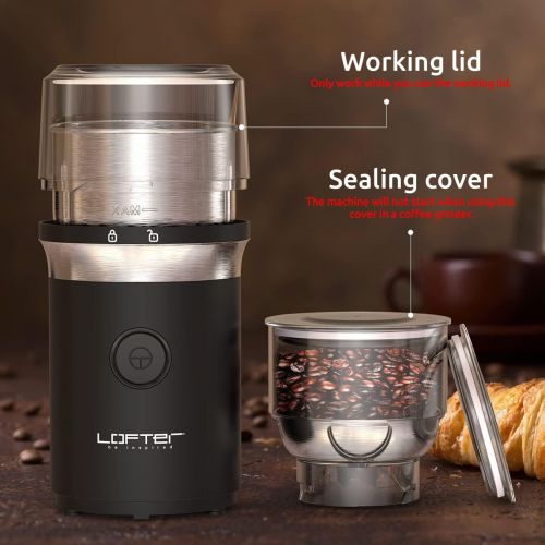  Electric Coffee Grinder, LOFTER 150W Portable Spice & Nut Grinder with Stainless Steel Blade, Large Grinding Capacity, Portable & Compact, Fast Grinding for Coffee Beans, Seeds, Sp