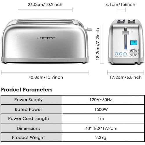  [아마존베스트]4 Slice Toaster, LOFTer Long Slot Toasters Best Rated Prime, Stainless Steel Bagel Toasters with Compact LCD Display, 7 Bread Settings, Bagel/Defrost/Reheat/Cancel Function, 1.6 Wi