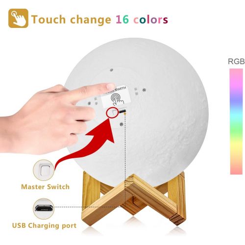  Moon Lamp - LOGROTATE 16 Colors, Dimmable, Rechargeable Lunar Night Light (5.98 inch) Full Set with Wooden Stand, Remote & Touch Control - Cool Nursery Decor for Baby Kids Bedroom,