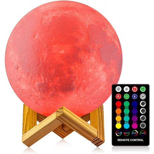  Moon Lamp - LOGROTATE 16 Colors, Dimmable, Rechargeable Lunar Night Light (5.98 inch) Full Set with Wooden Stand, Remote & Touch Control - Cool Nursery Decor for Baby Kids Bedroom,