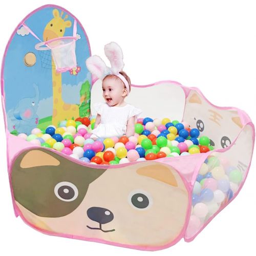  LOJETON Kids Ball Pit Pop Up Children Play Tent, Toddler Ball Animal Pool Baby Crawl Playpen with Basketball Hoop and Zipper Storage Bag - Balls Not Included