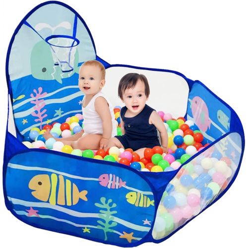  LOJETON Kids Ball Pit Pop Up Children Play Tent, Toddler Ball Ocean Pool Baby Crawl Playpen with Basketball Hoop and Zipper Storage Bag - Balls Not Included