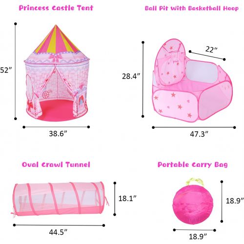  LOJETON 3pc Girls Princess Fairy Tale Castle Play Tent, Crawl Tunnel & Ball Pit with Basketball Hoop for Kids Toddlers, Indoor & Outdoor Playhouse