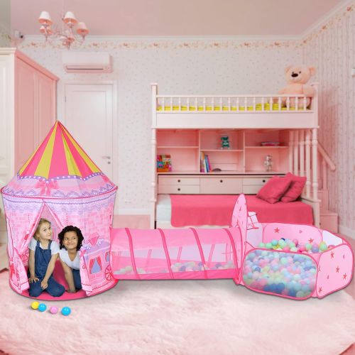  LOJETON 3pc Girls Princess Fairy Tale Castle Play Tent, Crawl Tunnel & Ball Pit with Basketball Hoop for Kids Toddlers, Indoor & Outdoor Playhouse