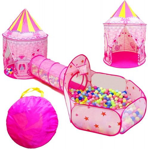  LOJETON 3pc Girls Princess Fairy Tale Castle Play Tent, Crawl Tunnel & Ball Pit with Basketball Hoop for Kids Toddlers, Indoor & Outdoor Playhouse