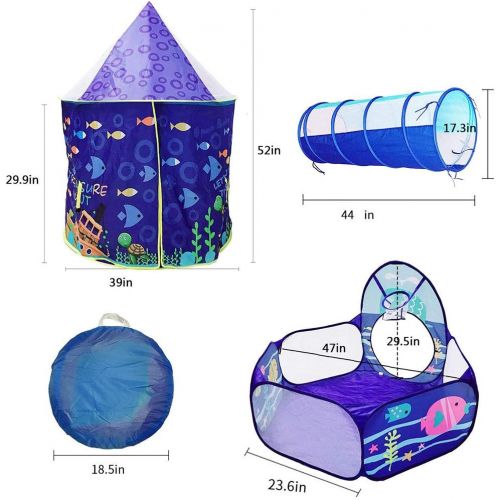  LOJETON 3pc Ocean World Kids Play Tent, Tunnel & Ball Pit with Basketball Hoop for Boys, Girls and Toddlers - Indoor/Outdoor Playhouse, Lightweight, Easy to Setup