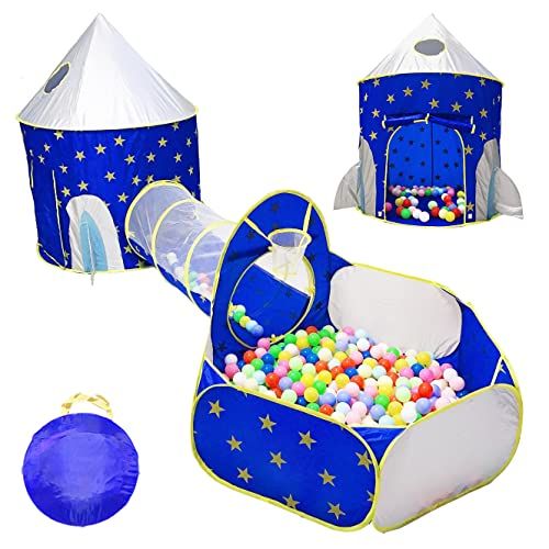  [아마존베스트]LOJETON 3pc Rocket Ship Kids Play Tent, Tunnel & Ball Pit with Basketball Hoop for Boys, Girls and Toddlers - Indoor/Outdoor Use Pop Up Rocket Tent